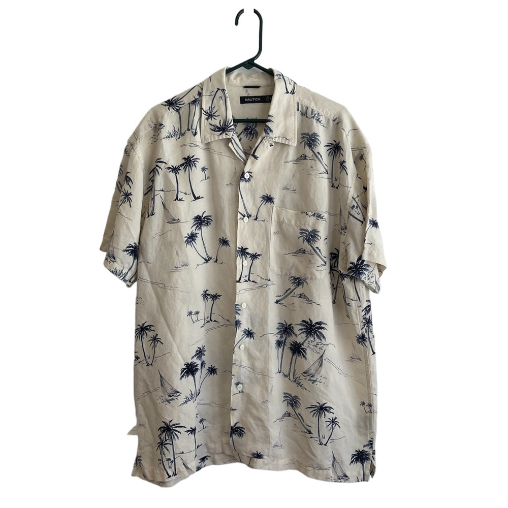 Nautica Shirt Men's Beige with Navy Sailboat Graphics Button Down.